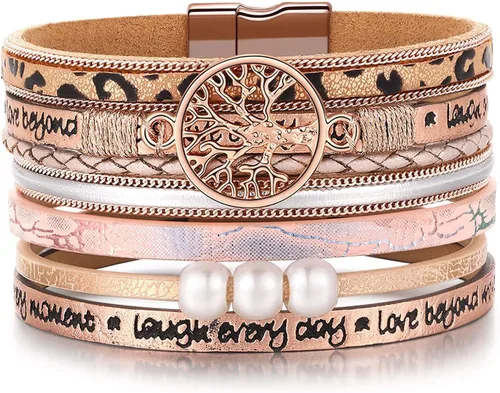 Pulseras inspiradoras de cuero con árbol de la vida para mujeres, regalos de joyería para adolescentes y niñas, Metal, Circonita cúbica