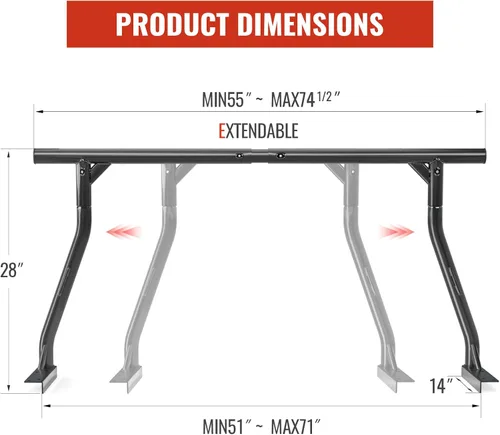 Vista 2 de AA-Racks - Soporte de escalera de acero extensible de 800 libras de capacidad para camioneta, juego de dos barras ideal para uso constructivo, negro