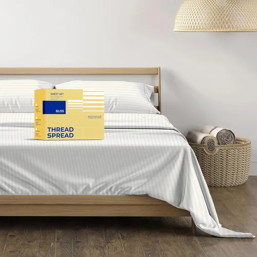Vista 35 de THREAD SPREAD Hotel Collection - Juego de sábanas de 600 hilos de algodón egipcio, satinado, 4 piezas, Algodón, Gris oscuro - Rayas, gemelo Rayas