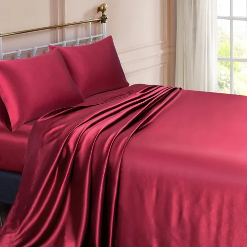 Vista 2 de Vonty Satin Sheets Queen Size Silky Soft Satin Bed Sheets Burgundy Sheet Set, 1 Deep Pocket Fitted Sheet + 1 Flat Sheet + 2 Pillowcases