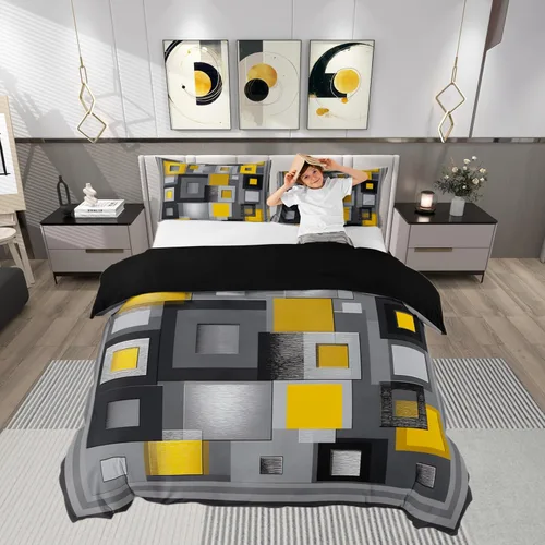 Vista 8 de Funda de edredón cuadrada azul, juego de ropa de cama de cuadrícula gris y blanca, funda de edredón moderna para decoración de habitación de niños