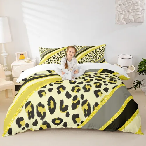 Vista 20 de Juego de funda de edredón para niños con estampado de leopardo, tamaño individual, juego de ropa de cama de moda de piel de guepardo abstracto