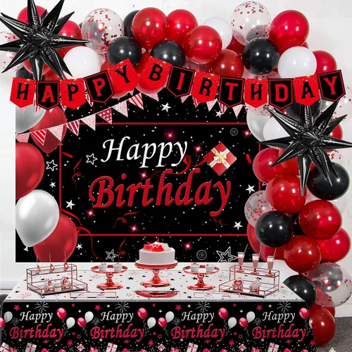 Decoraciones de Cumpleaños Rojas para Hombres Mujeres Niños Niñas, 75 PCS Decoraciones de Fiesta Rojas y Negras Telón de Fondo Pancarta de Feliz