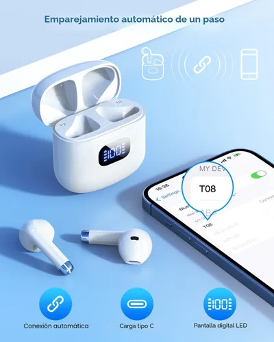 Vista 2 de Auriculares inalámbricos Bluetooth 5.3, reproducción de 40 horas, auriculares estéreo con pantalla LED, estuche de carga IPX7, auriculares