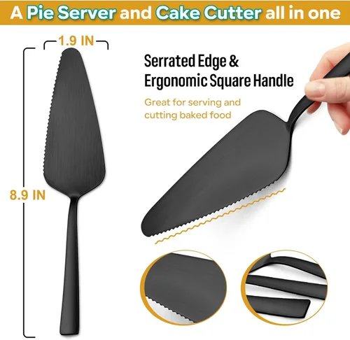 Vista 2 de E-far - Juego de 3 servidores de pastel negro mate, cortador de acero inoxidable de 8.9 pulgadas para pasteles y pizza de queso, borde dentado