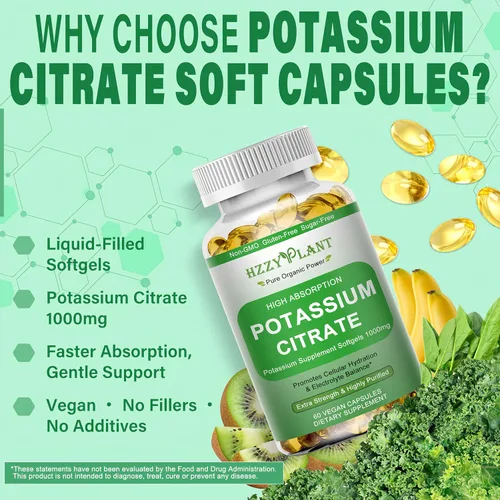 Vista 4 de Cápsulas blandas de suplemento de potasio, citrato de potasio de alta absorción, 1000 mg para equilibrio electrolítico muscular, corazón y soporte