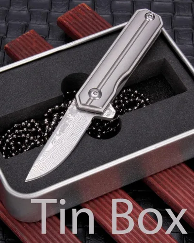 Vista 3 de Samior HY004 Mini cuchillo de bolsillo con mango de titanio, hoja de damasco de 1.4 pulgadas, llavero de cuello utilitario EDC cuchillos