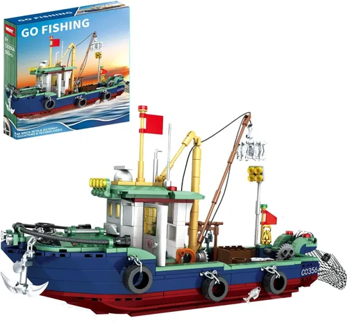 Juego de bloques de construcción de barcos de pesca, juego de bloques de construcción de pesca en el mar, juego de juguetes de colección de