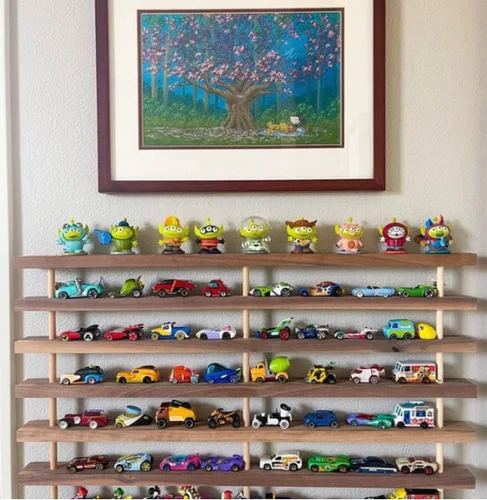 Vista 3 de Estante para coches de juguete hecho a mano compatible con coches (Hot Wheels y Matchbox) (Nogal negro)