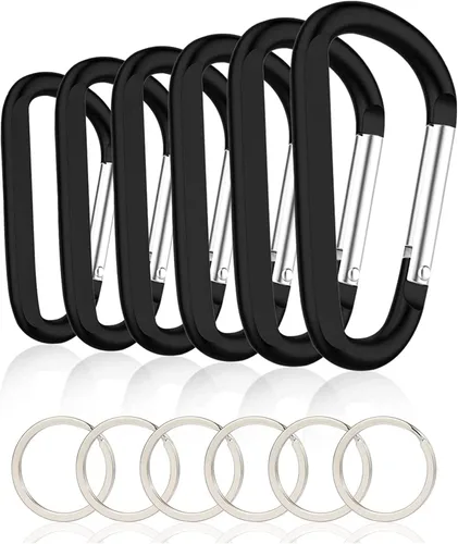Vista 10 de Clip tipo mosquetón (6 unidades), mosquetón grande de aluminio con forma de anillo en D de 3 pulgadas, con 6 ganchos de llavero (Negro)