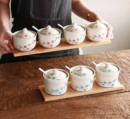 Vista 7 de Mathew Retro Sakura - Tarro de condimentos de cerámica para condimentos, sal y azúcar, con tapa y cuchara