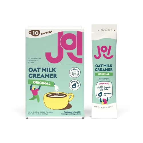 JOI - Crema para café con leche de avena, caja de 10 unidades endulzada por JOI Superalimento, vegano, sin lácteos, a base de plantas, Kosher,