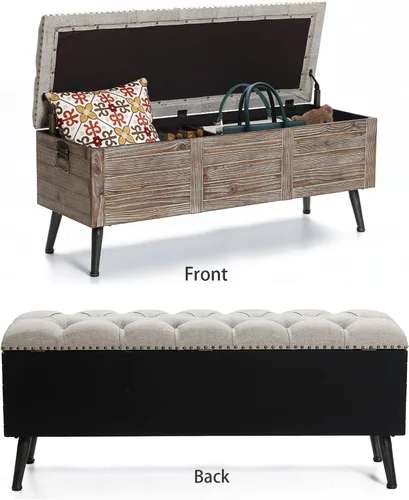 Vista 3 de LuxenHome - Banco de almacenamiento para el extremo de la cama, banco largo tapizado de madera de 47 pulgadas con almacenamiento, reposapiés beige