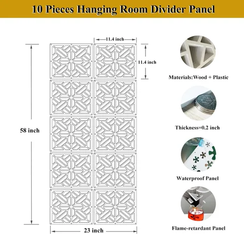 Vista 2 de Lchen Panel divisor de habitación colgante, divisor de pared colgante blanco, 10 piezas de madera y plástico, decoración de oficina en el hogar
