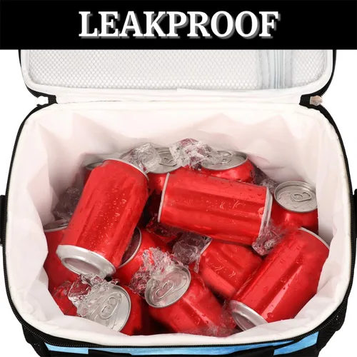 Vista 5 de QsirBC Bolsa de almuerzo reutilizable extragrande con asa reforzada, correas de hombro ajustables extraíbles, a prueba de fugas, con texto azul