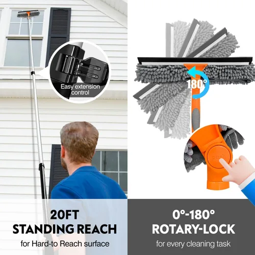 Vista 3 de ARTIPOLY Escobilla de ventana de alto alcance de 20 pies con poste de extensión telescópico de aluminio extra grueso de 5 a 12 pies Herramienta