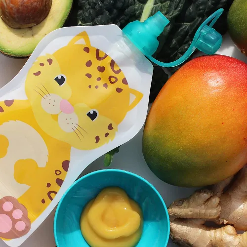 Vista 6 de ChooMee Bolsita de Comida SoftSip con Tapa Destete Guiado por Bebés Válvula de Control de Flujo Sin Derrame, Protege la Boca del Niño, 100% aqua