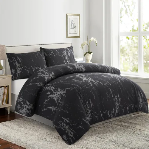 Vista 103 de Marina Decoration Juego de funda de edredón de 3 piezas con 2 fundas de almohada, diseño de rayas negras y grises, tamaño doble/matrimonial