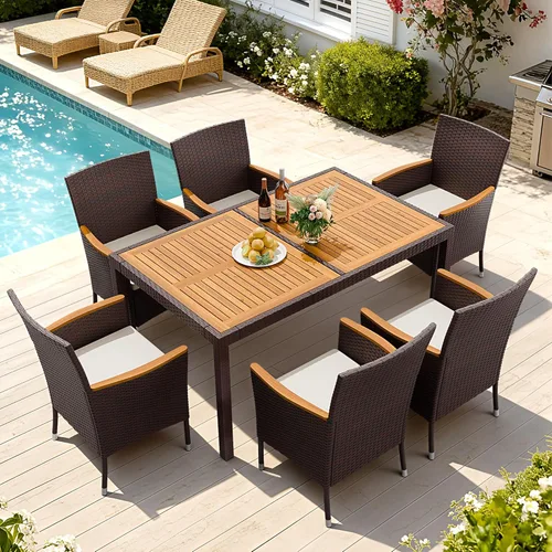 Vista 12 de Devoko Juego de 5 muebles, conversación de patio con parte superior de madera de acacia, mesa de comedor al aire libre de ratán y sillas para patio