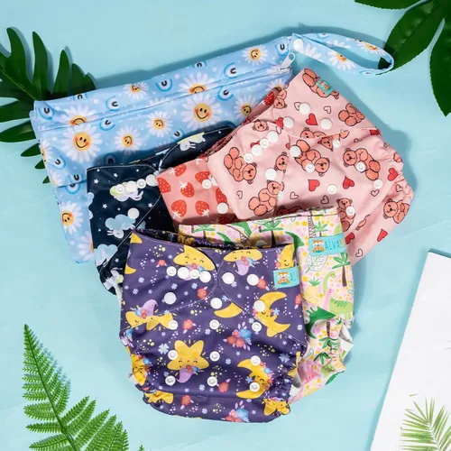 Vista 6 de ALVA BABY - 6 fundas para pañales de tela y 1 bolsa húmeda y seca, lavable y reutilizable para pañales preplegado con bolsa multifuncional 02 Boy