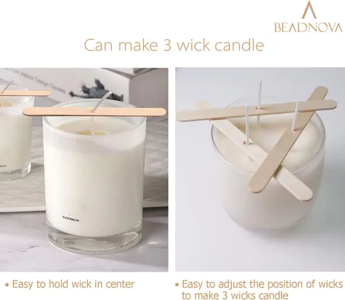 Vista 4 de BEADNOVA Juego de mechas de velas, 150 mechas de algodón con 50 soportes de madera, dispositivo de centrado para hacer suministros de bricolaje