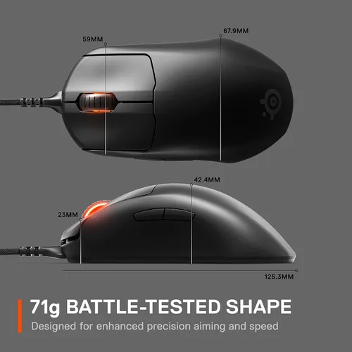 Vista 3 de SteelSeries Prime mouse para videojuegos FPS, 18,000 CPI, sensor óptico TrueMove Pro, 5 botones programables, interruptores ópticos magnéticos