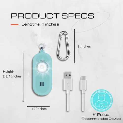 Vista 3 de Alarma de seguridad personal recargable para mujer. Sirena de 130 dB. Llavero de sirena con luz estroboscópica LED intermitente (aguamarina)