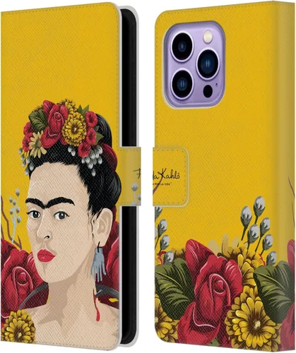 Vista 194 de Head Case Designs Funda con licencia oficial de Frida Kahlo Portrait Red Florals - Funda de piel tipo cartera compatible con Apple iPhone 14 Pro