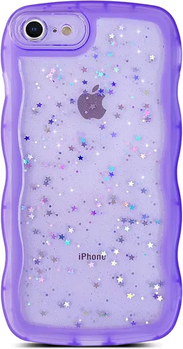 Vista 26 de Qokey para iPhone 14 Plus Funda de 6.7" con diseño de borde ondulado rizado, transparente, con purpurina, brillo, estrellas, brillante, lindo