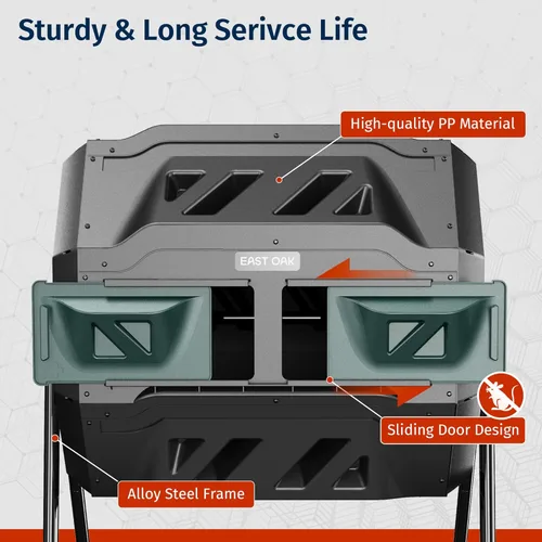 Vista 6 de EAST OAK Contenedor de compostaje giratorio para exteriores, contenedor de compost de 43 galones con cámara doble, 2 puertas corredizas y sistema