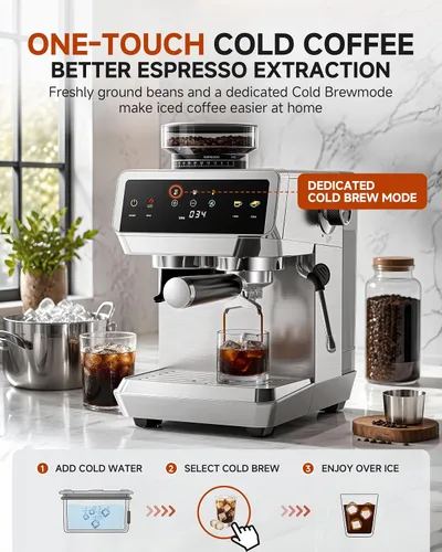 Vista 5 de AMZCHEF Máquina de café expreso con molinillo, control de temperatura de 190 ℉ a 201 ℉ con ajuste de molienda de 44 grados, espumador de leche
