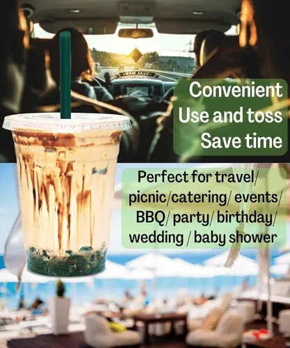 Vista 4 de [50 juegos] Vasos de plástico transparente de 12 onzas con tapas y popotes, tazas desechables para café helado con tapas, tazas transparentes