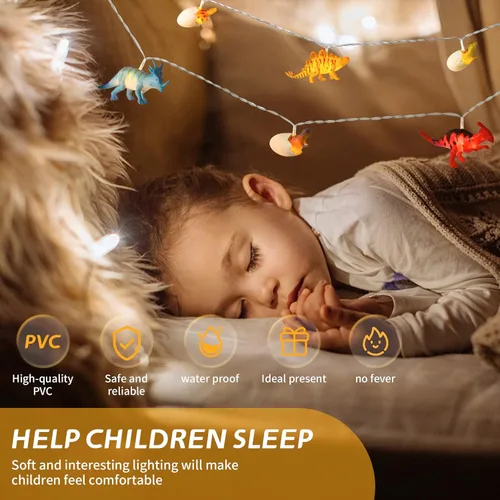 Vista 5 de Cadena de 12 luces LED de dinosaurios alimentadas por batería para dormitorio de niños, decoración de Navidad, fiesta de cumpleaños, Halloween