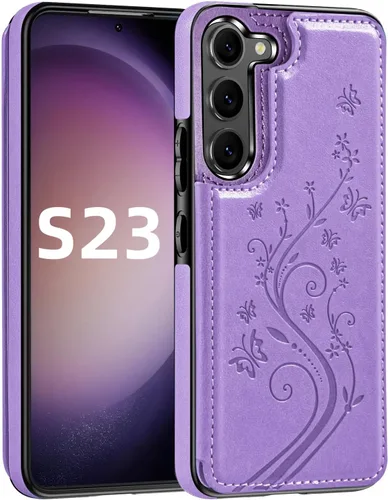 Vista 9 de Korecase Funda de teléfono tipo cartera para Samsung Galaxy S23 con tarjetero, funda de cuero PU floral mariposa - Azul