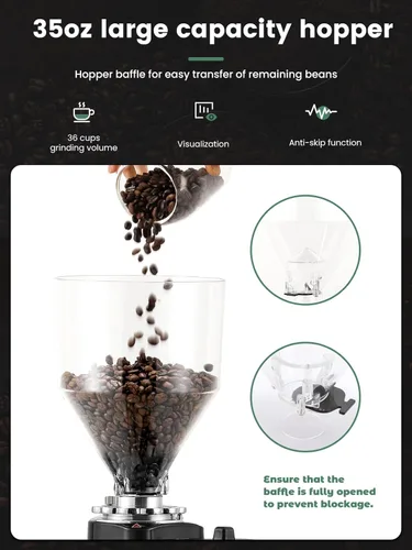 Vista 4 de Huanyu Flat Burr Coffee Grinder with 19 Grinding Settings Electric Coffee Bean Grinder Adjustable Bulk Coffee Grinder Large Capacity 35oz Black