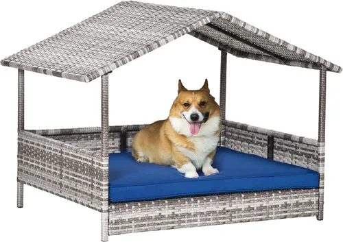 Vista 10 de PawHut Casa de mimbre para perros al aire libre con toldo, cama de ratán para perro con cojín resistente al agua, cama elevada para mascotas