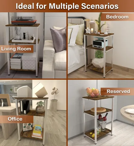 Vista 6 de Mesa auxiliar de 3 niveles, mesa auxiliar resistente con estantes, mesa de noche estrecha para espacios pequeños, mesa de tocadiscos para Blanco