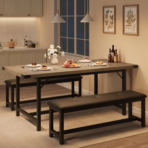 Vista 10 de GarveeHome Juego de mesa de comedor extensible de 5 piezas para 4-6, mesa de cocina y 2 bancos tapizados con protector de esquina de metal, juego