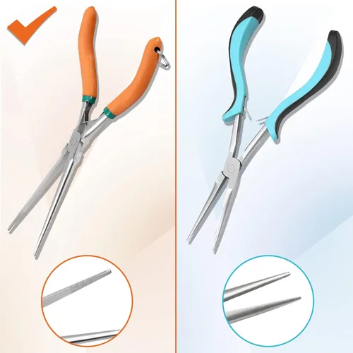 Vista 4 de Alicates de punta de aguja de largo alcance de 7 pulgadas, alicates finos de punta de aguja extra largos con cordón de mandíbula dentada, doble