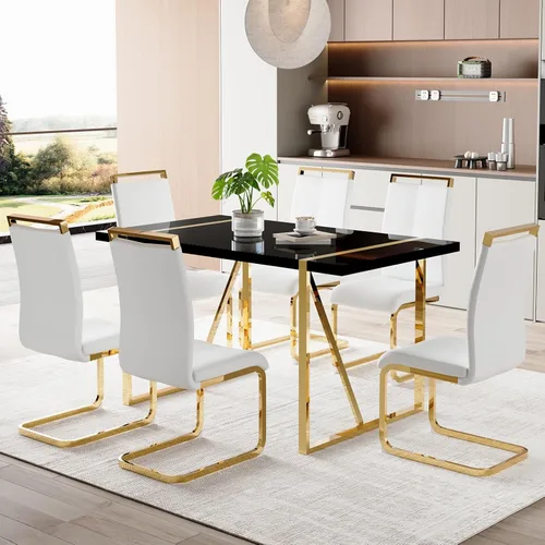 Vista 7 de Mesa de comedor Ebullient para 4, mesa de comedor rectangular negra de MDF, tapa de mesa de cena de mármol falso, mesa de comedor moderna con marco