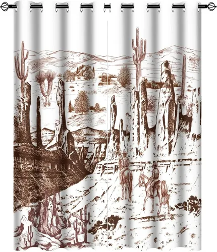 Vista 16 de Cortinas opacas retro de vaquero occidental para dormitorio, estilo rústico, cactus, salvaje oeste, vaquero, paseo, caballo, con ojales, aislamiento