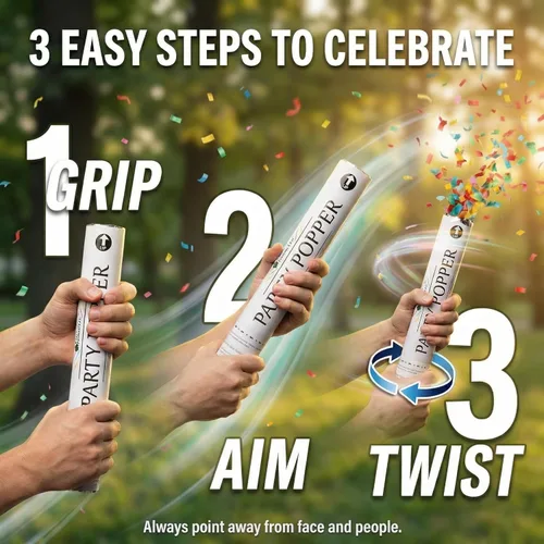 Vista 3 de Clover Products - Cañones de confeti biodegradables de 12 pulgadas Paquete de 6 Poppers blancos para bodas, cumpleaños y eventos Alimentados