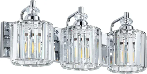 Vista 9 de Lámpara de baño moderna de 3 luces, luces cromadas para tocador de baño sobre espejo, iluminación de pared con pantallas de cristal K9, base E26
