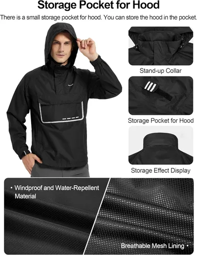 Vista 3 de KUTOOK Chaqueta impermeable para hombre con capucha reflectante, rompevientos, ligera, transpirable, con bolsillos