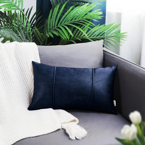Vista 2 de BRAWARM Fundas de almohada de cuero azul marino de 12 x 20 pulgadas, funda de almohada lumbar de piel sintética con ribetes, almohada de cuero