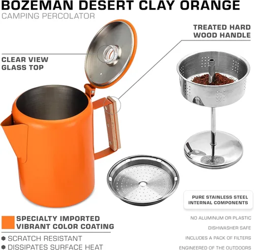 Vista 4 de COLETTI Bozeman Cafetera Percoladora Naranja — Cafeteras de Camping — El Percolador Favorito del Camping — SIN Aluminio o Plástico