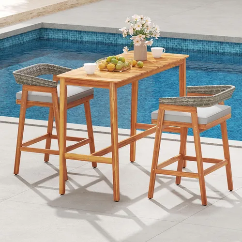 Vista 2 de Tangkula Juego de barra de patio de 3 piezas, mesa de madera de acacia para exteriores con 2 taburetes acolchados con respaldo de ratán curvado