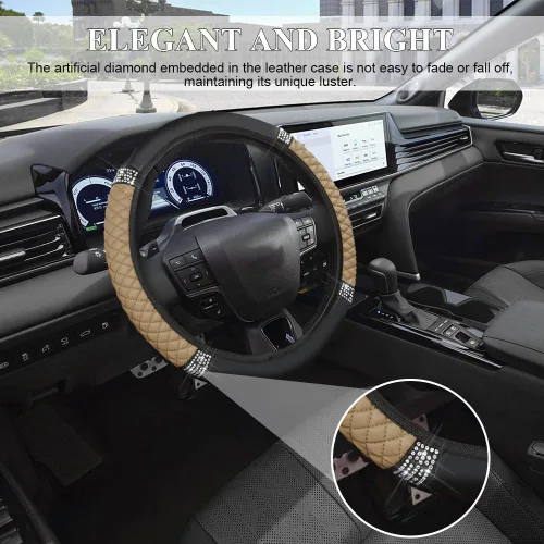 Vista 4 de Funda de Volante de Cuero Suave con Brillos, 15 Pulgadas, con Diamantes de Imitación Coloridos, Protector de Volante Elástico Automático