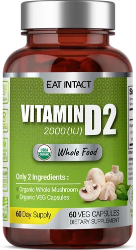USDA Organic Vegan Whole Food Vitamina D (D2), 2000 UI (50 mcg), apoyo óseo e inmunológico, hongos enteros expuestos a los rayos UV, 2 ingredientes,