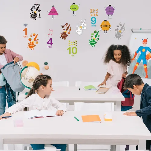 Vista 5 de Tatuo 30 calcomanías de pared con números, calcomanías de pared de geometría de aprendizaje educativo, calcomanías de pared con formas coloridas